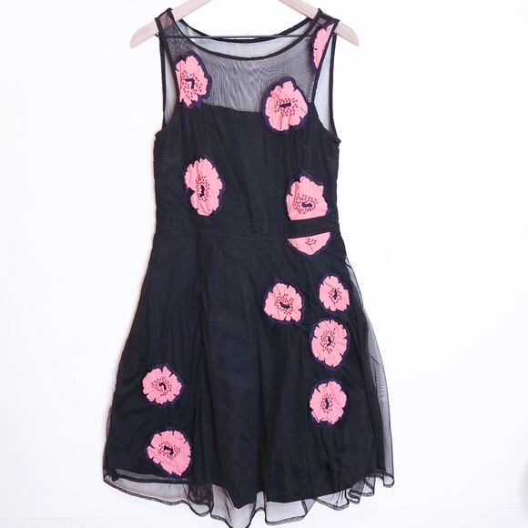 eShakti Black Sheer Fit Flare Dress Embroidered Pink Floral XL 16 - Picture 1 of 10